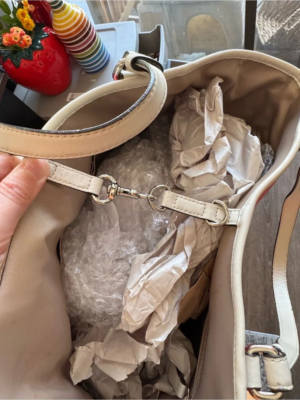 Coach Pink and Tan Leather Tote with White Trim